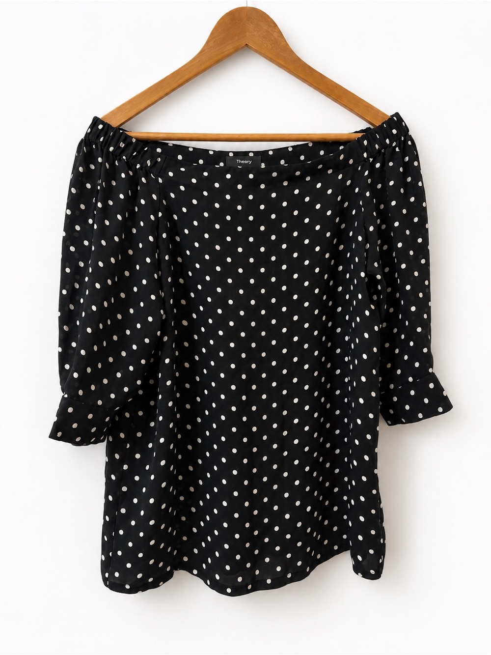 Theory Black and White Polka Dot Off-Shoulder 100% Silk Blouse